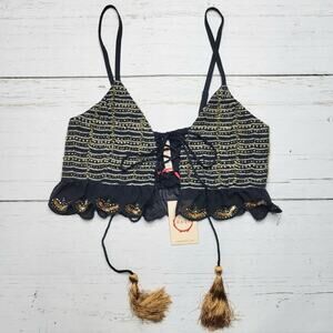 Raga Anthropologie Starry Eyed Lace Up Bustier Top Black Gold Bead Sequin Small